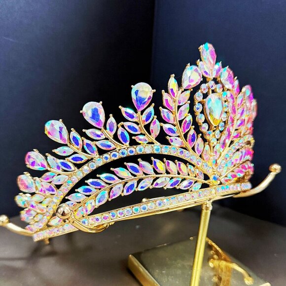 Diamond Crystal Crown, Quinceanera Crown, Gold Wedding Tiara, Princess Tiara